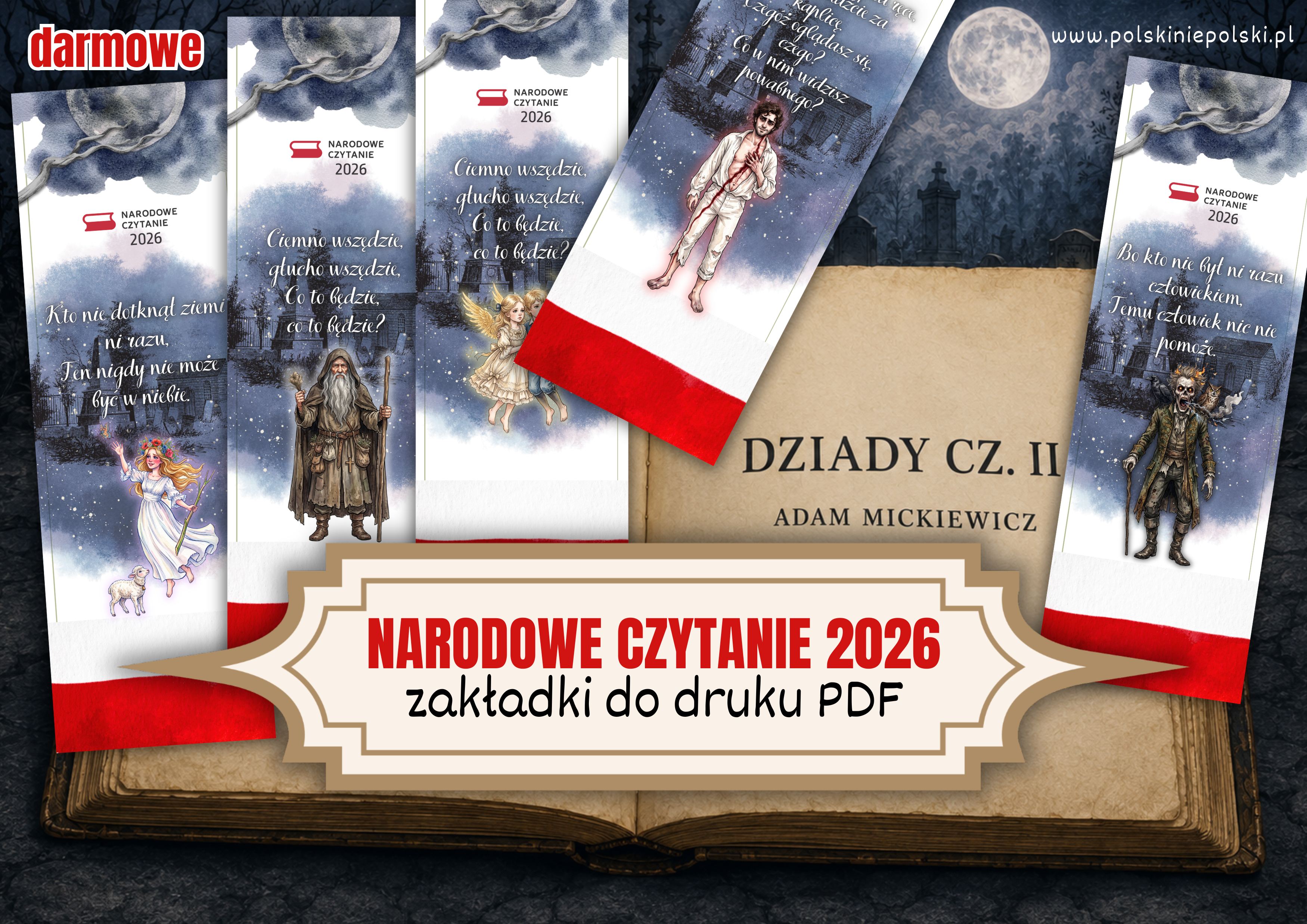 Narodowe Czytanie 2026 – zakładki do „Dziadów cz. II”. Darmowy PDF do druku